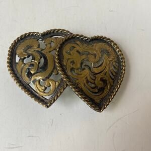 Crumrine Double Heart Western Belt Buckle Two Tone Gold and Black Reno  USA GUC